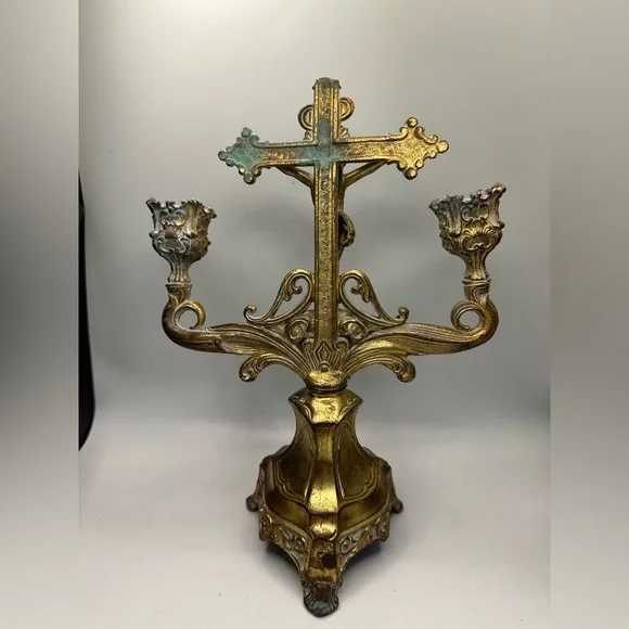 Altar Brass Jesus Christ Crucifix Cross Candle Holder Holy Water Dish Catholic - Picture 2 of 4